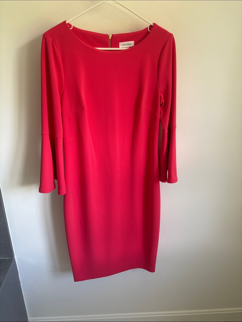 Calvin Klein Vibrant Red Long-Sleeve Sheath Dress with Fluted Cuffs